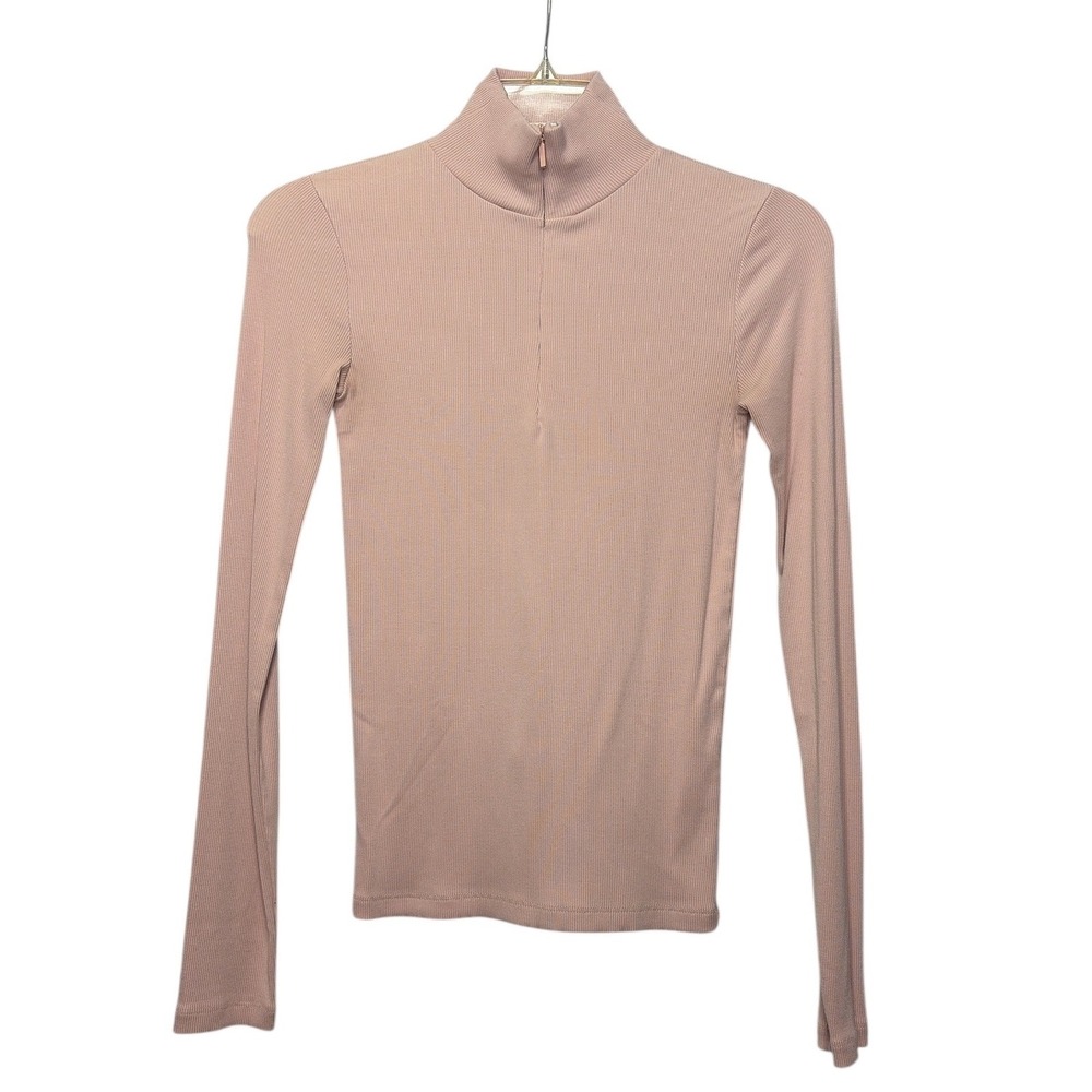 Vince Ribbed Mock Neck Quarter Zip Long Sleeve Top Blush XS
